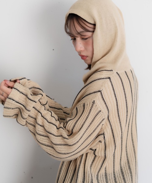 bashful base Oriental（バッシュフルベースオリエンタル）の「【bbO】ストライプニットパーカー/メキシカンパーカー（パーカー・メンズ・ブラック/ベージュ・MEDIUM/LARGE）」の7枚目の写真