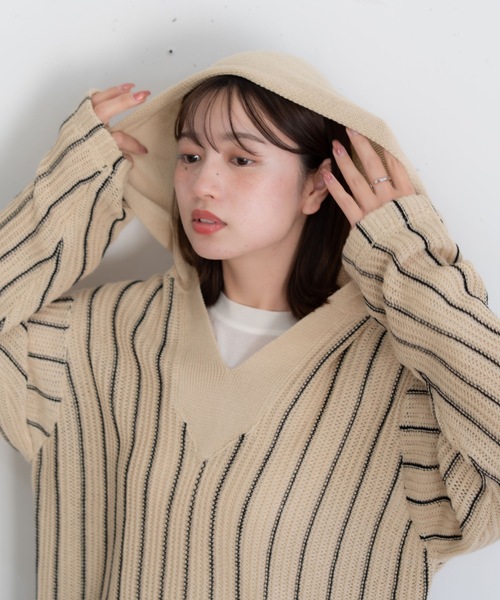 bashful base Oriental（バッシュフルベースオリエンタル）の「【bbO】ストライプニットパーカー/メキシカンパーカー（パーカー・メンズ・ブラック/ベージュ・MEDIUM/LARGE）」の4枚目の写真