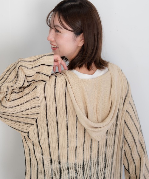 bashful base Oriental（バッシュフルベースオリエンタル）の「【bbO】ストライプニットパーカー/メキシカンパーカー（パーカー・メンズ・ブラック/ベージュ・MEDIUM/LARGE）」の6枚目の写真