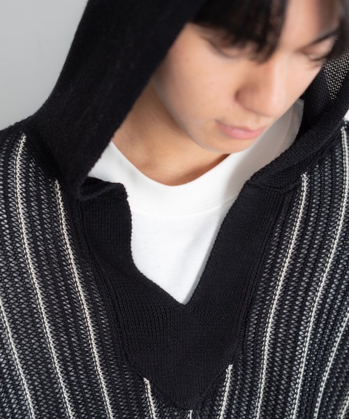 bashful base Oriental（バッシュフルベースオリエンタル）の「【bbO】ストライプニットパーカー/メキシカンパーカー（パーカー・メンズ・ブラック/ベージュ・MEDIUM/LARGE）」の17枚目の写真