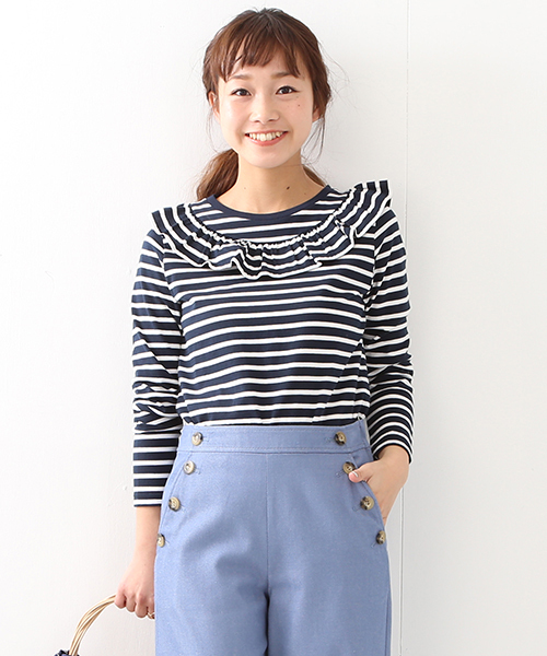 Ray BEAMS（レイビームス）の「Ray BEAMS / ボーダー ヨーク フリル クルーネック（Tシャツ/カットソー・レディース・オフホワイト/ネイビー・ONE SIZE）」の2枚目の写真