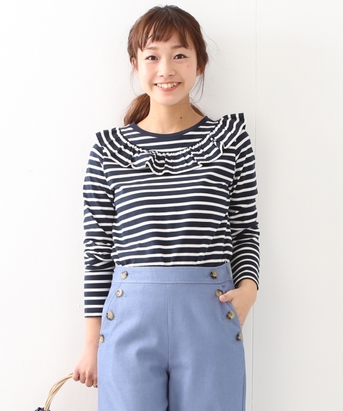 Ray BEAMS（レイビームス）の「Ray BEAMS / ボーダー ヨーク フリル クルーネック（Tシャツ/カットソー・レディース・オフホワイト/ネイビー・ONE SIZE）」の3枚目の写真