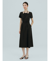 Halter-Neck Shirring Dress, Black