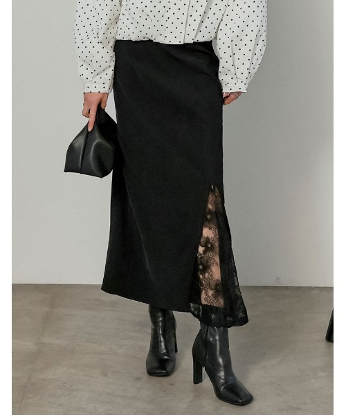 Re:EDIT（リエディ）の「[2026S/S COLLECTION][低身長サイズ有]ツイルレースドッキングスカート（スカート・レディース・チャコールグレー/ブラック・SHORT/MEDIUM/LARGE）」の2枚目の写真