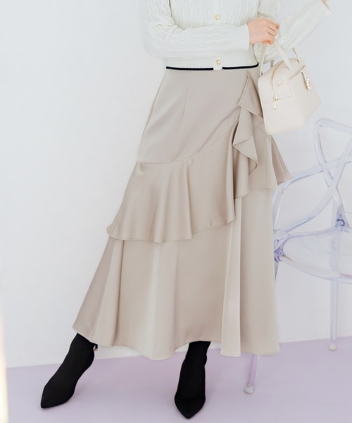 WILLSELECTION(ウィルセレクション)の「アシメラッフルサテンスカート(スカート・レディース・チャコールグレー/ピンク/ベージュ・FREE)」の3枚目の写真