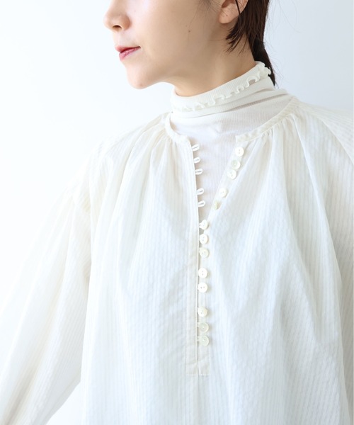 yuni(ユニ )の「Cotton Polyester stripe gather sleeves ワンピース(ワンピース・レディース・アイボリー/ブラウン/ピンク・FREE)」の15枚目の写真