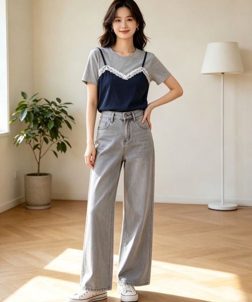 gossip!ロサンゼルス(ゴシップロサンゼルス)の「【新作】レースキャミ重ね着風 切り替え半袖Tシャツ(Tシャツ/カットソー・レディース・ネイビー/グレー・M)」の1枚目の写真