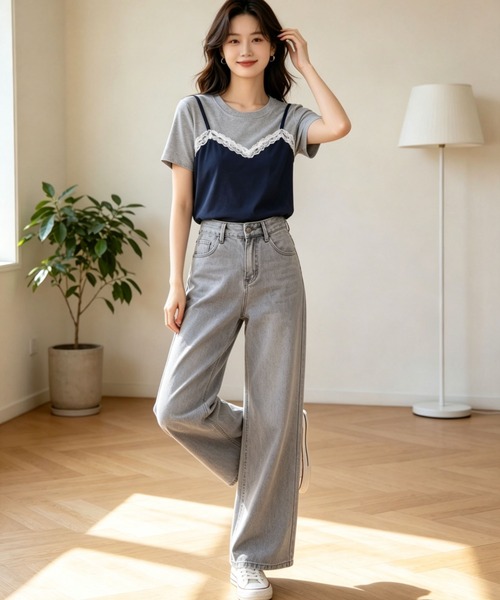 gossip!ロサンゼルス(ゴシップロサンゼルス)の「【新作】レースキャミ重ね着風 切り替え半袖Tシャツ(Tシャツ/カットソー・レディース・ネイビー/グレー・M)」の5枚目の写真