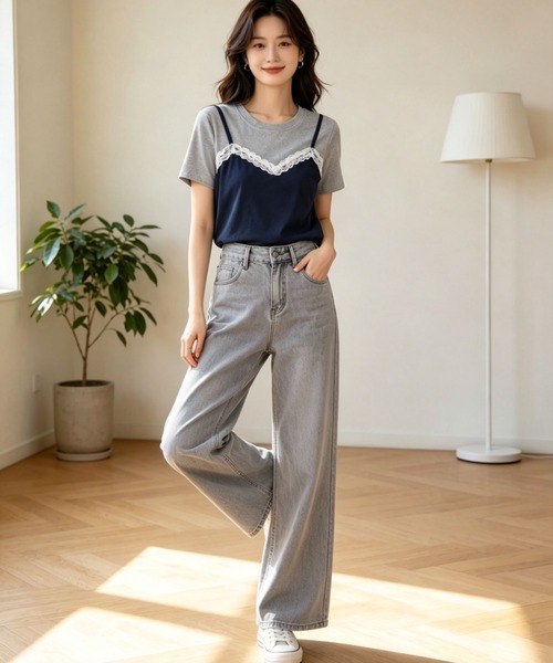 gossip!ロサンゼルス(ゴシップロサンゼルス)の「【新作】レースキャミ重ね着風 切り替え半袖Tシャツ(Tシャツ/カットソー・レディース・ネイビー/グレー・M)」の6枚目の写真