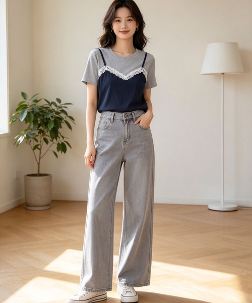 gossip!ロサンゼルス(ゴシップロサンゼルス)の「【新作】レースキャミ重ね着風 切り替え半袖Tシャツ(Tシャツ/カットソー・レディース・ネイビー/グレー・M)」の7枚目の写真
