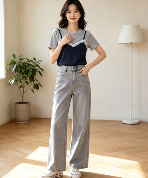 gossip!ロサンゼルス(ゴシップロサンゼルス)の「【新作】レースキャミ重ね着風 切り替え半袖Tシャツ(Tシャツ/カットソー・レディース・ネイビー/グレー・M)」の8枚目の写真