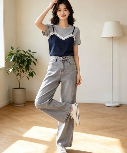 gossip!ロサンゼルス(ゴシップロサンゼルス)の「【新作】レースキャミ重ね着風 切り替え半袖Tシャツ(Tシャツ/カットソー・レディース・ネイビー/グレー・M)」の9枚目の写真