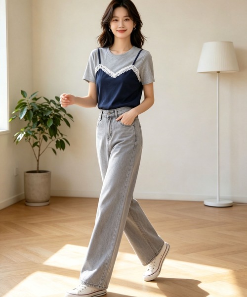 gossip!ロサンゼルス(ゴシップロサンゼルス)の「【新作】レースキャミ重ね着風 切り替え半袖Tシャツ(Tシャツ/カットソー・レディース・ネイビー/グレー・M)」の10枚目の写真
