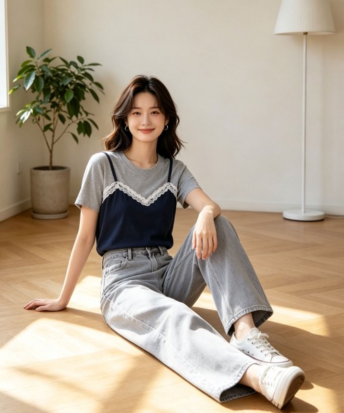 gossip!ロサンゼルス(ゴシップロサンゼルス)の「【新作】レースキャミ重ね着風 切り替え半袖Tシャツ(Tシャツ/カットソー・レディース・ネイビー/グレー・M)」の11枚目の写真