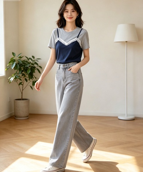 gossip!ロサンゼルス(ゴシップロサンゼルス)の「【新作】レースキャミ重ね着風 切り替え半袖Tシャツ(Tシャツ/カットソー・レディース・ネイビー/グレー・M)」の12枚目の写真