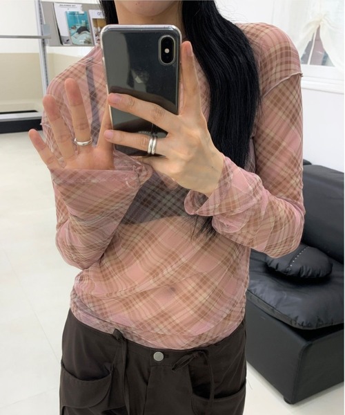 almo(アルモ)の「【TUNE】チェックシアーカットソー(Tシャツ/カットソー・レディース・ピンク/ブルー・FREE)」の1枚目の写真