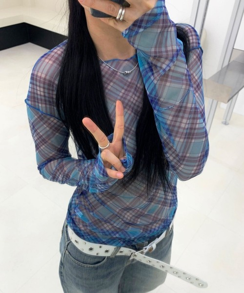 almo(アルモ)の「【TUNE】チェックシアーカットソー(Tシャツ/カットソー・レディース・ピンク/ブルー・FREE)」の2枚目の写真