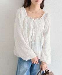 【軽い着心地◎】ドットフラワーバルーンブラウス