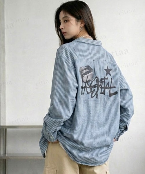 Dalfwin(ダールフィン)の「韓国ファッション HOSPITALロゴストライプデニムシャツ(シャツ/ブラウス・レディース・ダークブルー/ライトブルー・FREE)」の6枚目の写真