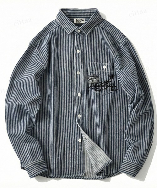 Dalfwin(ダールフィン)の「韓国ファッション HOSPITALロゴストライプデニムシャツ(シャツ/ブラウス・レディース・ダークブルー/ライトブルー・FREE)」の16枚目の写真