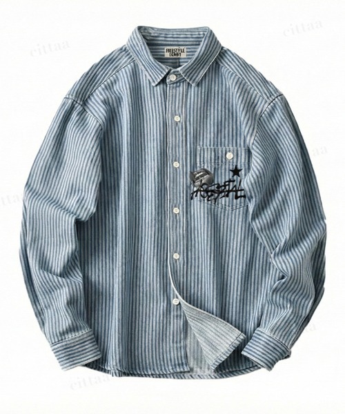 Dalfwin(ダールフィン)の「韓国ファッション HOSPITALロゴストライプデニムシャツ(シャツ/ブラウス・レディース・ダークブルー/ライトブルー・FREE)」の8枚目の写真