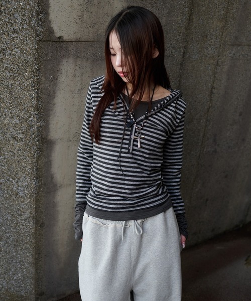 sedacle girl（セダクルガール）の「ボーダーレイヤードロンT（Tシャツ/カットソー・レディース・チャコールグレー/グレー/ボルドー・MEDIUM/SMALL）」の19枚目の写真