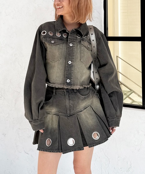 SPIRALGIRL（スパイラルガール）の「アイレットデニムジャケット（デニムジャケット・レディース・ブラック/ブルー・FREE）」の5枚目の写真