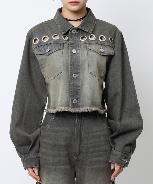 SPIRALGIRL（スパイラルガール）の「アイレットデニムジャケット（デニムジャケット・レディース・ブラック/ブルー・FREE）」の7枚目の写真