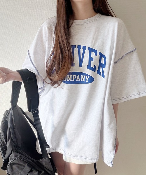Nana（ナナ）の「ロゴプリントオーバーサイズステッチTシャツ（Tシャツ/カットソー・レディース・オフホワイト/ライトグレー/ネイビー/ブラック・FREE）」の3枚目の写真