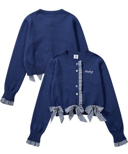 HOOK(フック)の「HOOK for girls ギンガムリボンショート丈ニットカーディガン(カーディガン/ボレロ・レディース・ダークブルー・L/S/M)」の2枚目の写真