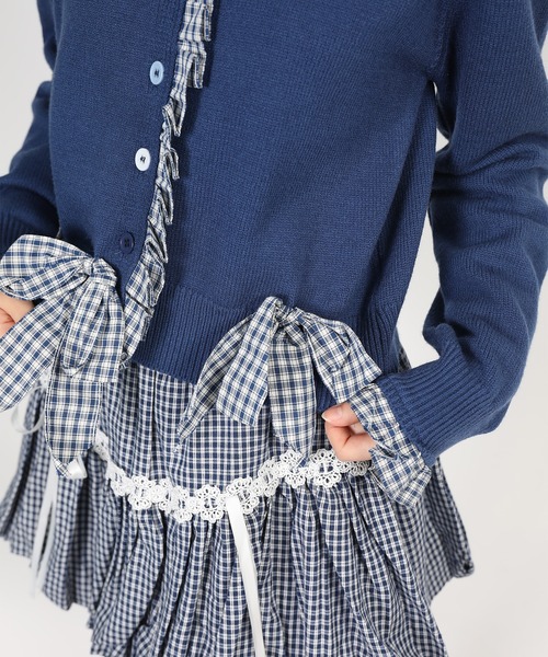 HOOK(フック)の「HOOK for girls ギンガムリボンショート丈ニットカーディガン(カーディガン/ボレロ・レディース・ダークブルー・L/S/M)」の3枚目の写真