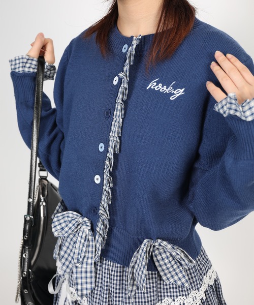 HOOK(フック)の「HOOK for girls ギンガムリボンショート丈ニットカーディガン(カーディガン/ボレロ・レディース・ダークブルー・L/S/M)」の5枚目の写真