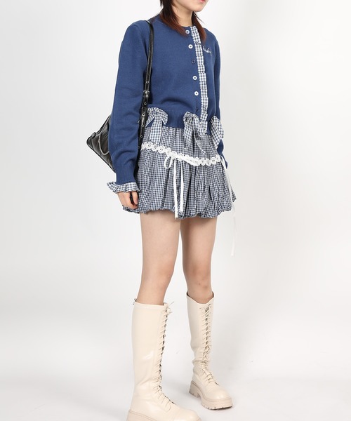 HOOK(フック)の「HOOK for girls ギンガムリボンショート丈ニットカーディガン(カーディガン/ボレロ・レディース・ダークブルー・L/S/M)」の10枚目の写真