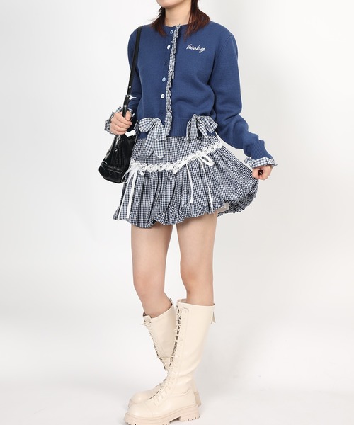 HOOK(フック)の「HOOK for girls ギンガムリボンショート丈ニットカーディガン(カーディガン/ボレロ・レディース・ダークブルー・L/S/M)」の9枚目の写真