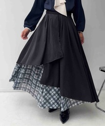 〇ビジューつきチュール重ね配色フレアスカート