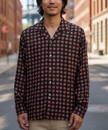 OAS（オーエーエス）の「DESIGN TEE/OAS / 小紋柄オープンカラー長袖シャツ ブラック×レッド 総柄 リゾートシャツ 幾何学柄 大人カジュアル（シャツ/ブラウス）」