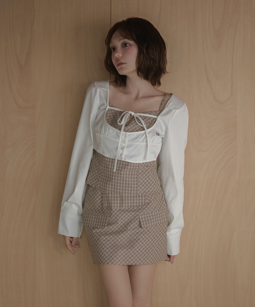 M DOLLY(エムドリー)の「Check ribbon audrey shirt set / チェックリボンオードリーシャツセット(Tシャツ/カットソー・レディース・ブラウン/ブラック/グレー/ベージュ・FREE)」の6枚目の写真