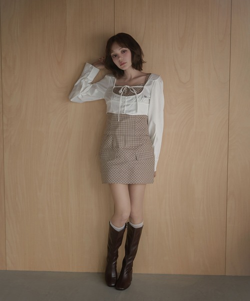 M DOLLY(エムドリー)の「Check ribbon audrey shirt set / チェックリボンオードリーシャツセット(Tシャツ/カットソー・レディース・ブラウン/ブラック/グレー/ベージュ・FREE)」の7枚目の写真