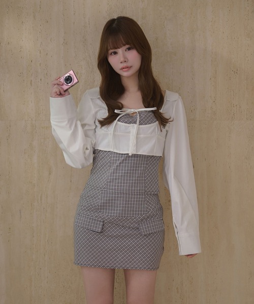 M DOLLY(エムドリー)の「Check ribbon audrey shirt set / チェックリボンオードリーシャツセット(Tシャツ/カットソー・レディース・ブラウン/ブラック/グレー/ベージュ・FREE)」の12枚目の写真