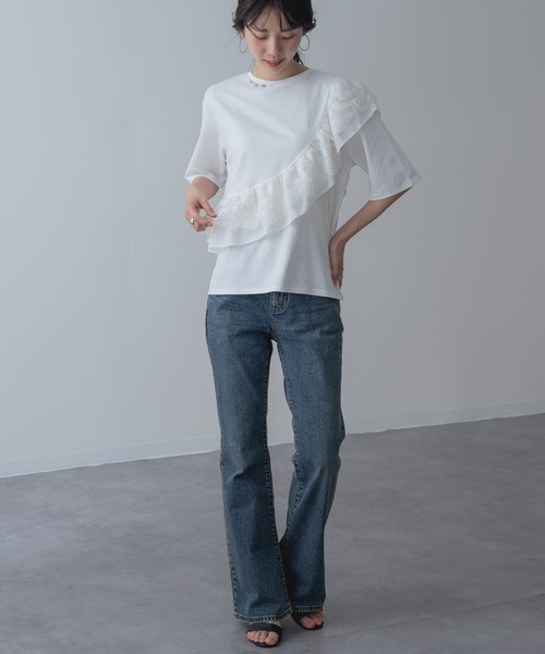 ANNA LUNA(アンナルナ)の「【ANNA LUNA】ラッフル デザイン が映える 5分袖 プルオーバー(Tシャツ/カットソー・レディース・ブラック/オフホワイト・MEDIUM)」の8枚目の写真