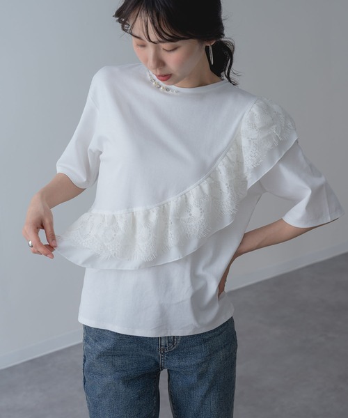 ANNA LUNA(アンナルナ)の「【ANNA LUNA】ラッフル デザイン が映える 5分袖 プルオーバー(Tシャツ/カットソー・レディース・ブラック/オフホワイト・MEDIUM)」の7枚目の写真