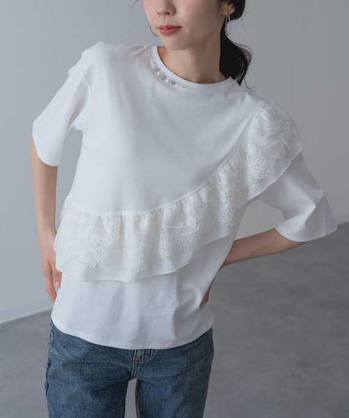 ANNA LUNA(アンナルナ)の「【ANNA LUNA】ラッフル デザイン が映える 5分袖 プルオーバー(Tシャツ/カットソー・レディース・ブラック/オフホワイト・MEDIUM)」の19枚目の写真