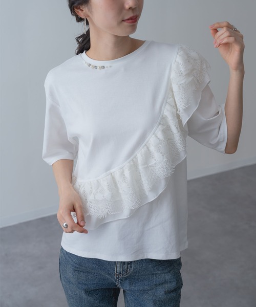 ANNA LUNA(アンナルナ)の「【ANNA LUNA】ラッフル デザイン が映える 5分袖 プルオーバー(Tシャツ/カットソー・レディース・ブラック/オフホワイト・MEDIUM)」の18枚目の写真