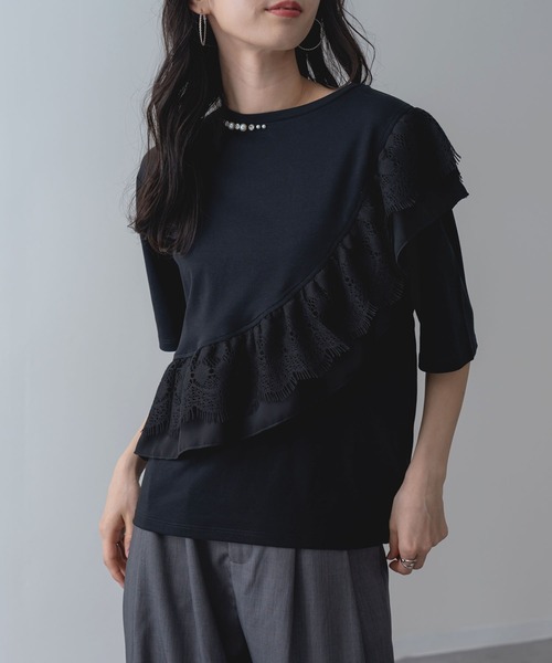 ANNA LUNA(アンナルナ)の「【ANNA LUNA】ラッフル デザイン が映える 5分袖 プルオーバー(Tシャツ/カットソー・レディース・ブラック/オフホワイト・MEDIUM)」の12枚目の写真