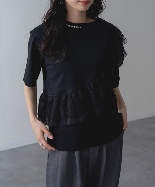 ANNA LUNA(アンナルナ)の「【ANNA LUNA】ラッフル デザイン が映える 5分袖 プルオーバー(Tシャツ/カットソー・レディース・ブラック/オフホワイト・MEDIUM)」の13枚目の写真