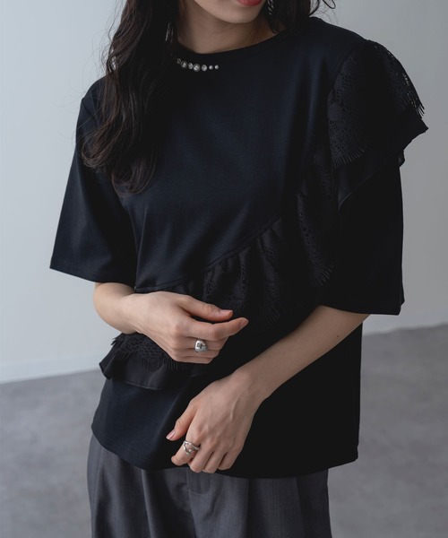 ANNA LUNA(アンナルナ)の「【ANNA LUNA】ラッフル デザイン が映える 5分袖 プルオーバー(Tシャツ/カットソー・レディース・ブラック/オフホワイト・MEDIUM)」の14枚目の写真