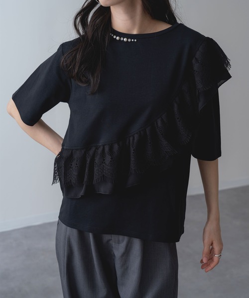 ANNA LUNA(アンナルナ)の「【ANNA LUNA】ラッフル デザイン が映える 5分袖 プルオーバー(Tシャツ/カットソー・レディース・ブラック/オフホワイト・MEDIUM)」の6枚目の写真