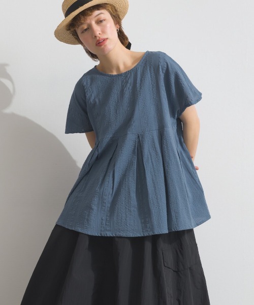 Fizz(フィズ)の「綿サッカー ピンタックフレンチスリーブトップス(Tシャツ/カットソー・レディース・ホワイト/ブラック/ダークブルー・M)」の3枚目の写真