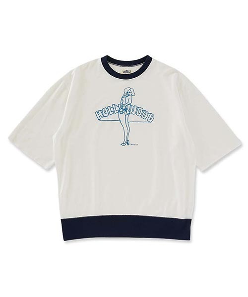 HOLLYWOOD RANCH MARKET(ハリウッドランチマーケット)の「サマーウラケ レフトハンド ドローイングガール Tシャツ(Tシャツ/カットソー・メンズ・チャコール/ネイビー・L/S/M/XL)」の1枚目の写真