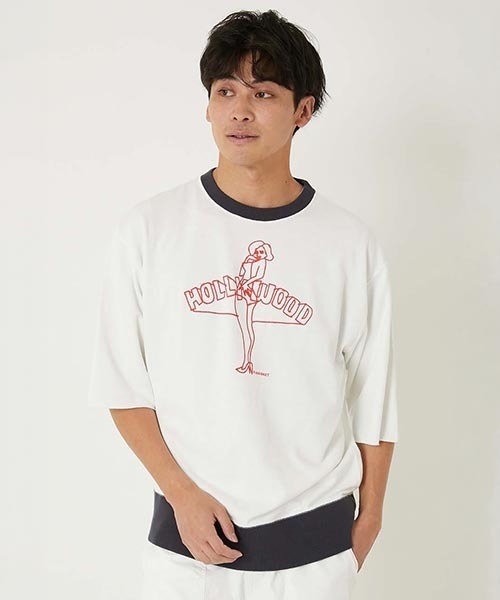HOLLYWOOD RANCH MARKET(ハリウッドランチマーケット)の「サマーウラケ レフトハンド ドローイングガール Tシャツ(Tシャツ/カットソー・メンズ・チャコール/ネイビー・L/S/M/XL)」の7枚目の写真